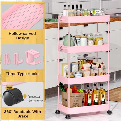 SPACEKEEPER 4 Tier Rolling Cart, Bathroom Cart Organizer with Wheels, Pink - Image 7