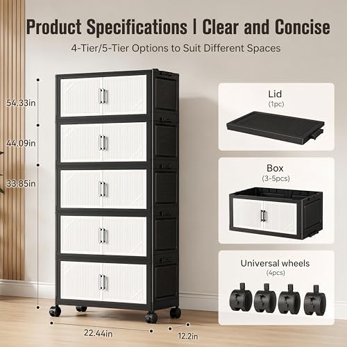3 Tier Foldable Storage Cabinet with Wheels and Magnetic Doors - Image 2