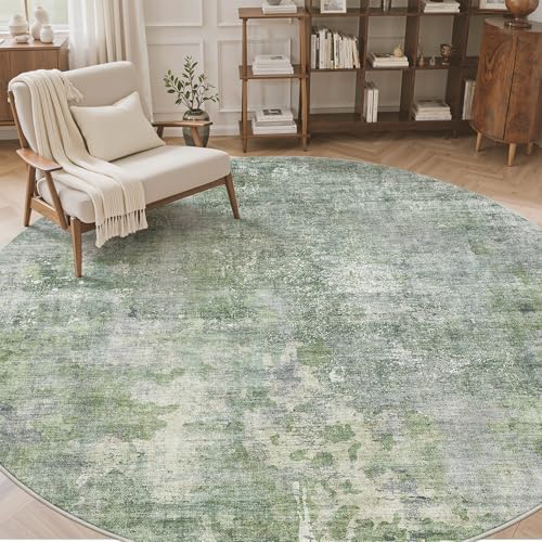 Soalmost Round Rugs 9ft Living Room Circle Area Rug 9x9 Green/Ivory Vintage - Image 2