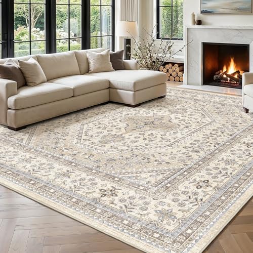 Puino 11x11 Square Washable Area Rug - Non-Slip Living Room Rugs Beige Gray by Puino