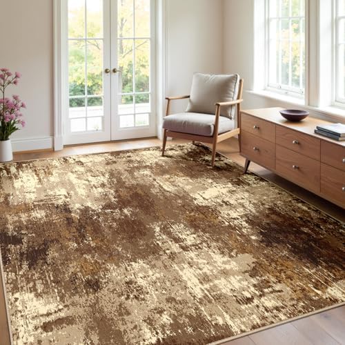 RELEANY Washable 4'x6' Abstract Area Rug for Living Room Brown Tan by RELEANY