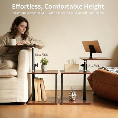 Modern Farmhouse Rolling Side Table with Wheel for Living Room, Adjustable Height Swivel End Table for Different Seating Types, Ideal for Couch, Sofa, Recliner and Living Room, Walnut-Look - Image 4