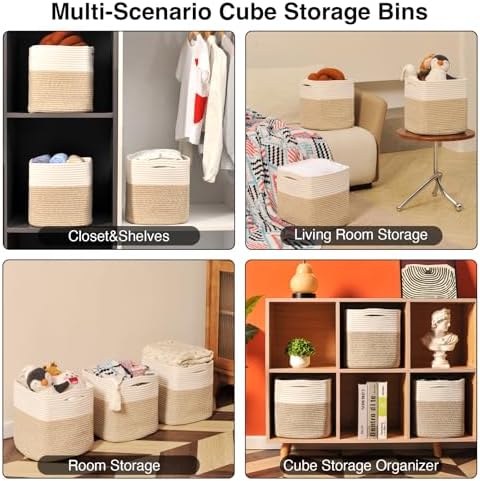 ICERZCZ 11 Inch Cube Storage Bins, Organizer Woven Cotton Rope Square Baskets for Organizing Shelves, Toys, Nursery, Off White & Brown (Pack of 3) - Image 4