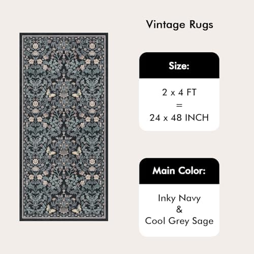 Puino 2x4 Washable Area Rug - Non Slip Vintage Throw Rugs Floral Dark Blue - Image 2