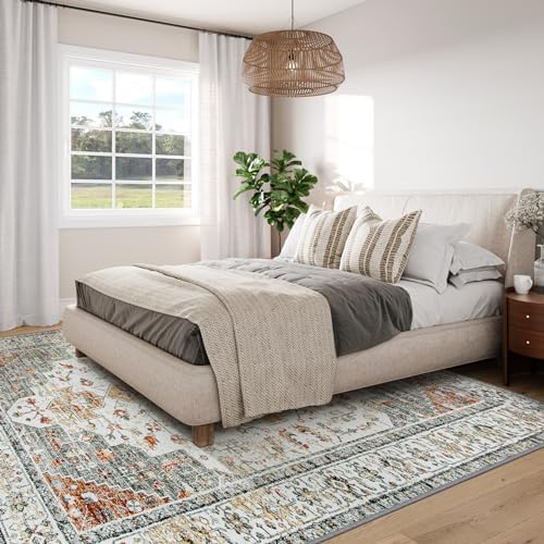 Moynesa Ultra-Thin Washable Area Rug 8x10, Large Living Room Rugs for Bedroom Under Dining Room Table, Vintage Oriental Medallion Printed Low Pile Carpet for Home Office Decor, Beige/Gold - Image 6