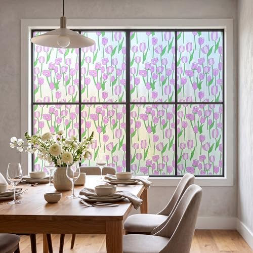 Pink Tulip Stained Glass Flower Window Film Privacy No Glue Cover 35x78.7in - Image 5