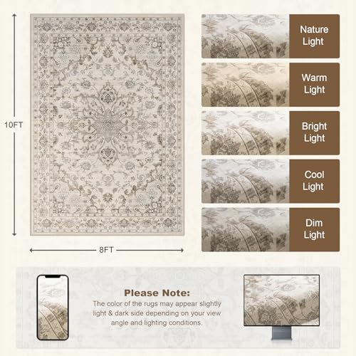 8x10 Area Rugs Living Room: Washable Rug for Bedroom Brown Beige - Image 2