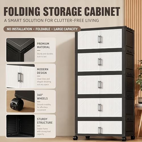 3 Tier Foldable Storage Cabinet with Wheels and Magnetic Doors - Image 6