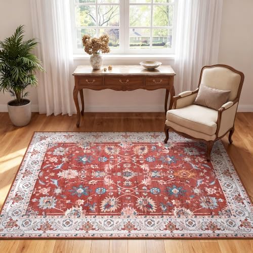 Hanples 3x5 Washable Rugs for Entryway, Vintage Floral Door Mat, Red - Image 4