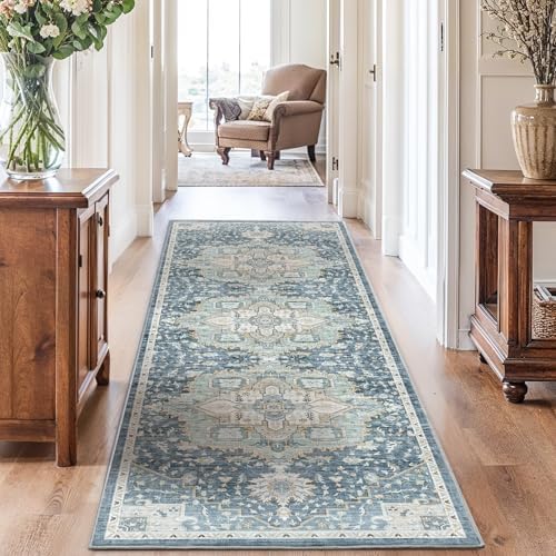 AMADA HOMEFURNISHING 2'6"x10' Washable Area Rug, Low-Profile Entryway Rug with Non-Slip Backing & Durable Edge Binding, Vintage Rug Pattern, Small Rugs for Entryway, Kitchen & Living Room by AMADAHOMEFURNISHING