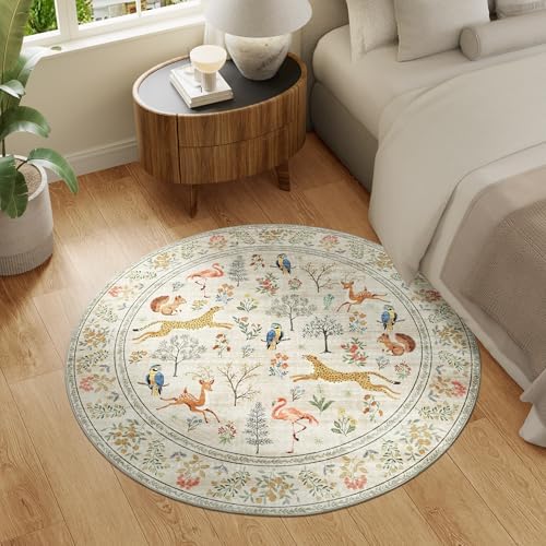 DUKINO 4ft Round Rug, Washable Animal Small Round Area Rug Non Slip, Beige - Image 6