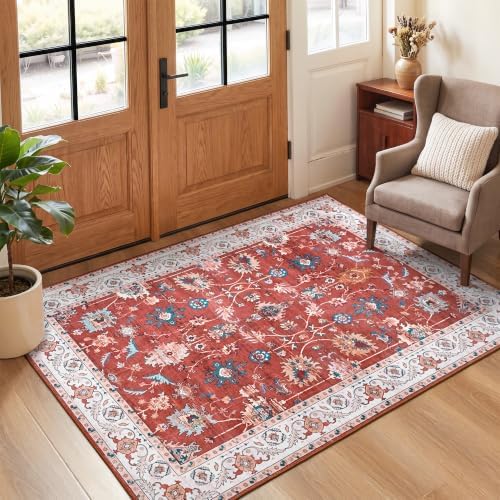 Hanples 3x5 Washable Rugs for Entryway, Vintage Floral Door Mat, Red - Image 3