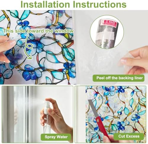 Rainbow Window Privacy Film, Heat & UV Blocking Stained Glass Static Cling with Blue Vine Floral Pattern for Home, Bathroom Window or Door (Installation Tools, 23.6"×78.7") - Image 5