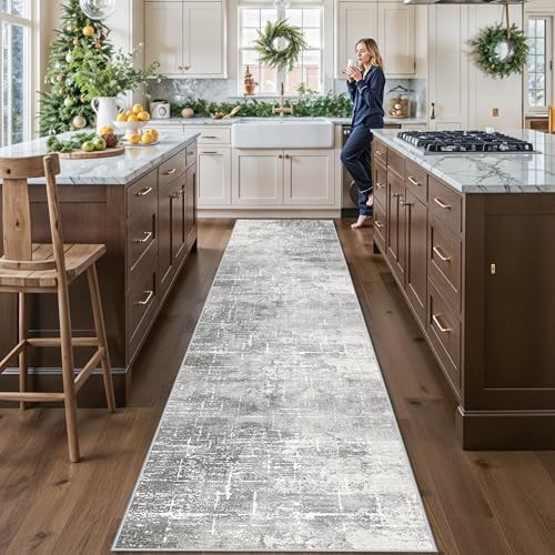 Washable Long Hallway Runner Rug: Non-Slip 2'6x12 Kitchen Rugs Abstract Entryway Bathroom Runner Soft Living Room Bedroom Beside Floor Mat Indoor Farmhouse Carpet for Home Office(2'6x12,Light/Grey) by HYHAOYUNLAI