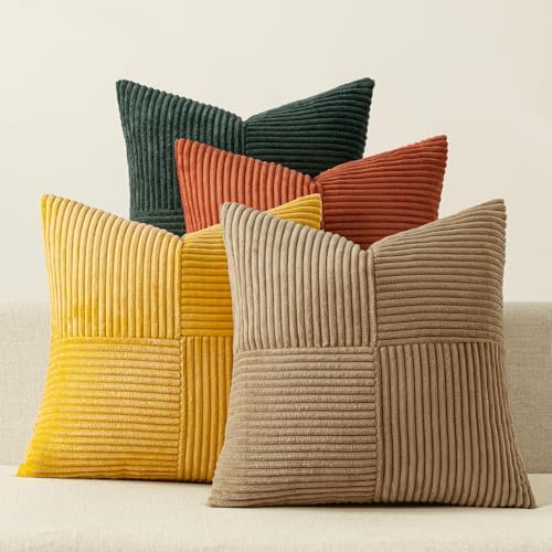 MIULEE Fall Green Rust Throw Pillow Covers 20x20 Inch Set of 4 Boho Farmhouse Soft Corduroy Striped Cushion Cases Decorative Color-Clash Home Decor for Couch Sofa Living Room Bed by MIULEE
