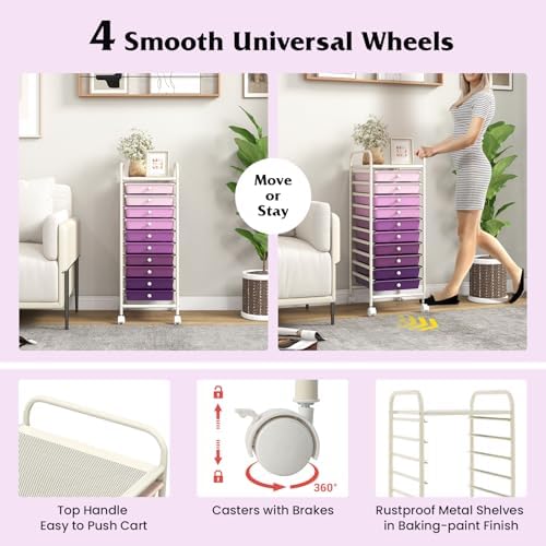 10-Drawer Rolling Storage Cart, Trolley w/Lockable 360° Wheels, 10 Removable PP Drawers, Sturdy Metal Frame, Rolling Utility Cart Perfect for Home, Office, Classroom (Gradient Purple) - Image 5