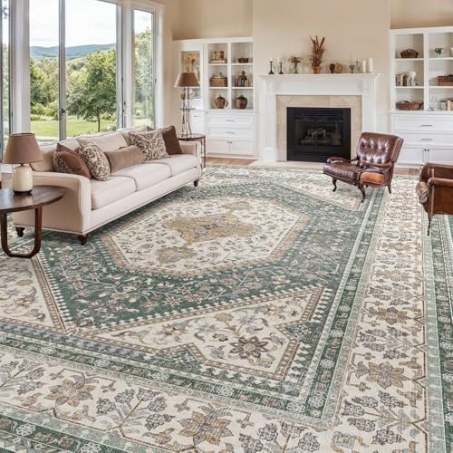 12x15 Washable Area Rug for Living Room - Non-Slip Vintage Rugs Green Beige by Puino