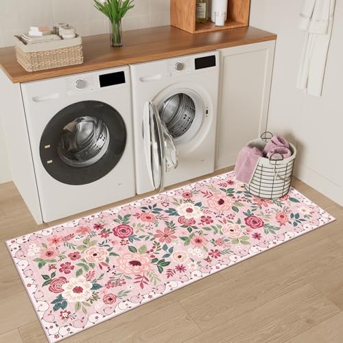 DUKINO 2x5 Runner Rug, Floral Washable Rug for Kitchen Non Slip, Pink - Image 6