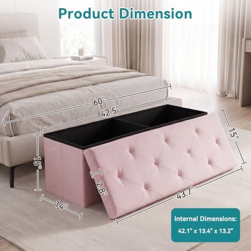 OLIXIS 43 Inch Folding Storage Ottoman Bench, Pink Ottoman with Storage - Image 3