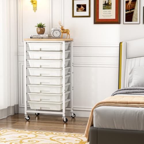 caktraie 8-Drawers Rolling Cart, Craft Storage Utility Cart, Beige White - Image 6