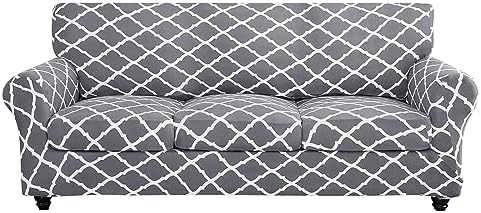SearchI Stretch Sofa Cover Printed Couch Cover, Floral Pattern 4 Pieces Sofa Slipcover with 3 Separate Cushion Cover, Washable Furniture Protector for Living Room(Sofa, Gray+White) by SearchI