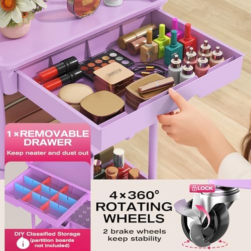Goovilla Rolling Makeup Organizer Cart with Removable Drawer, 3 Tier Purple - Image 3