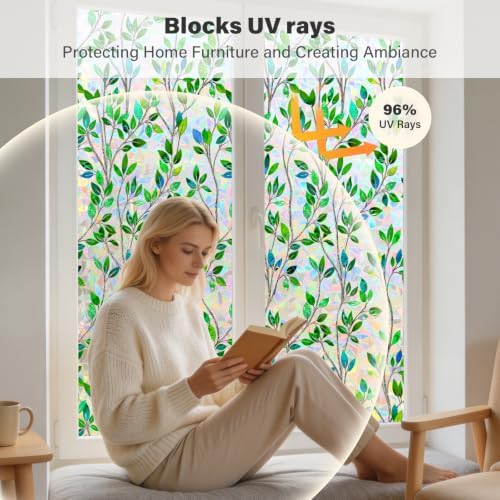 FINNEZ Window Privacy Film Stained Glass Green Leaf, 17.5″ x 78.7″ - Image 3