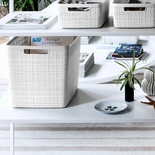 Curver Set of 4 Large Cube 17L Jute Decorative Plastic Organization and Storage Baskets - Perfect Bins for Home Office, Closet Shelves, Kitchen Pantry and All Bedroom Essentials, White - Image 5