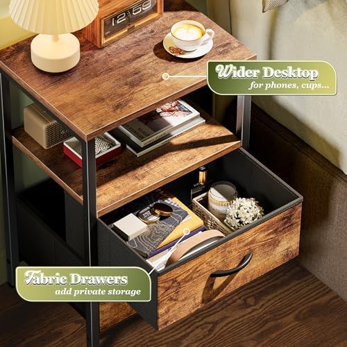 Huuger Night Stand with 2 Drawers, Bed Side Table with Open Shelf, Wooden Top, Nightstand for Bedroom, End Table for Small Space, Fabric Drawer, Rustic Brown - Image 5