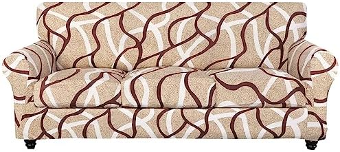 SearchI Stretch Sofa Cover Printed Couch Cover, Floral Pattern 4 Pieces Sofa Slipcover with 3 Separate Cushion Cover, Washable Furniture Protector for Living Room(Sofa, Khaki) by SearchI