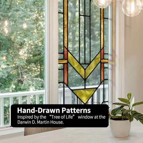 Faux Stained Glass Effect Transparent Window Film, Original Hand Drawn Static Cling Home Decal Inspired by Frank Lloyd Wright, 16.93" x84.65" Martin House, Boho - Image 3
