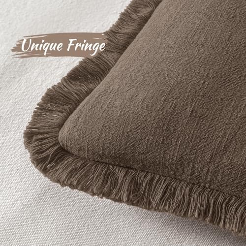 MIULEE Linen Fringe Decorative Fall Pillow Covers Chocolate Brown 20x20 - Image 3