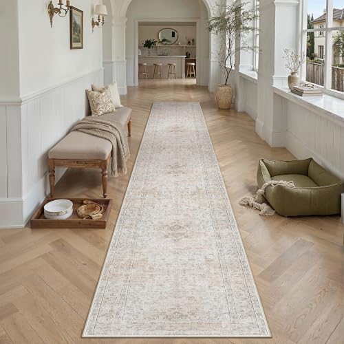 3x12 Washable Runner Rug Beige Grey Non Slip Vintage Carpet by WondRg