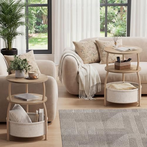 Round Side Table with Storage Basket, End Table Living Room - Image 2