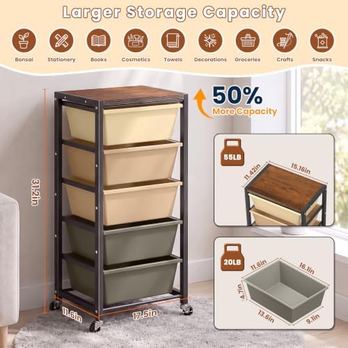 Rolling Cart with 5 Drawers, Plastic Drawer Storage Carts with Wheels & Wooden Tabletop, Metal Utility Cart for Office Bedroom Living Room Classroom, Craft Organization and Storage, Brown - Image 2