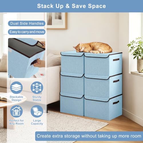 Bagnizer Foldable Storage Bins with Lids, Decorative Storage Baskets, Large Storage Boxes for Home, Office, Bedroom, Closet, Blue, Medium, 4 Pack 14.6 x 9.5 x 9.5” - Image 5