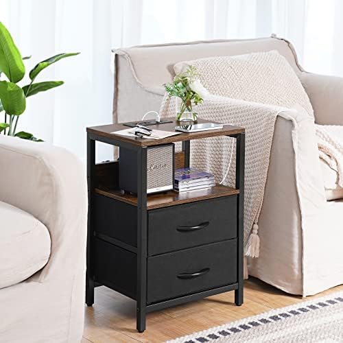 Yoobure Nightstand with Charging Station, Small Night Stand with Fabric Drawers and Storage Shelf for Bedrooms, Nightstands for Small Spaces, Bedside Table with USB Ports & Outlets, Bed Side Table - Image 2