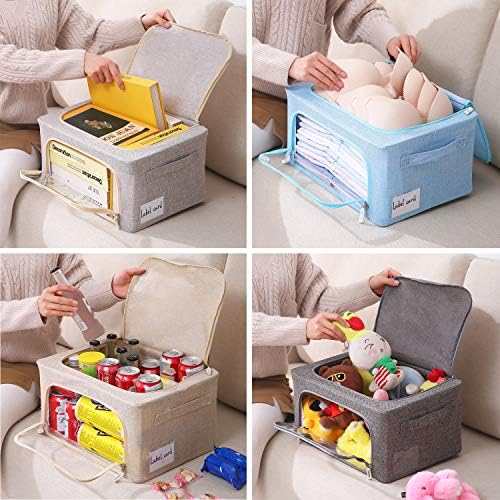 CYhom 3Pack Foldable Storage Bins - Frame Storage Box Linen Fabric Stackable Clothes Container Organizer with Clear Window & Carry Handles Large Capacity (Small-22L, Beige) - Image 3