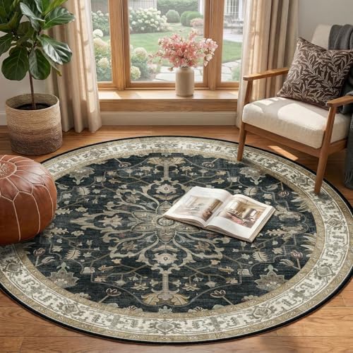 RELEANY Washable Area Rug, Round 4ft, Black/Vintage/Beige - Image 2