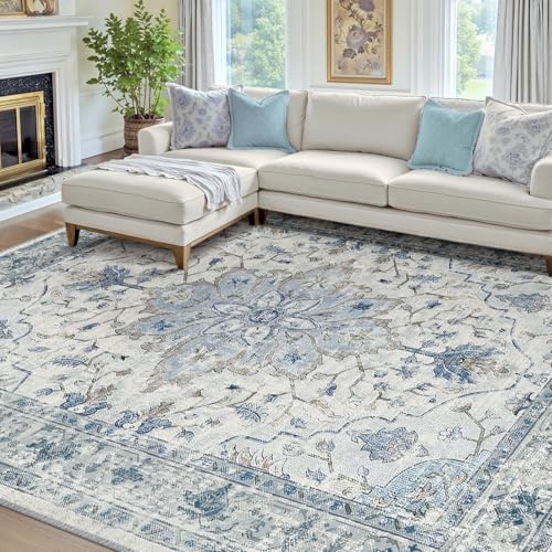 RELEANY Washable Area Rug, 8'x10', Blue/White/Gray by RELEANY