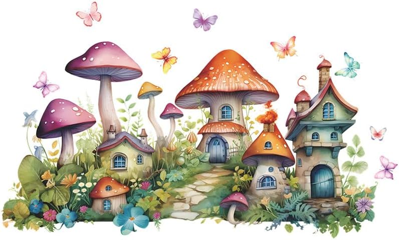 2 Sheets Colorful Cartoon Mushroom House Wall Stickers Removable DIY Green Plants and Flower Wall Stickers Viny Colorful Butterfly Wall Decal for Girls Home Nursery Bedroom Bathroom Decoration by DRWSSR