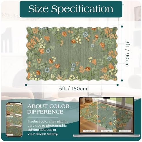 Sage Green Floral Entry Rug - 3x5 Ft Washable Indoor Outdoor Mats for Front Door Non-Slip Porch Rug Non-Slip Boho Throw Rugs for Living Room Bedroom Entryway Kitchen Office Porch Decor - Image 6