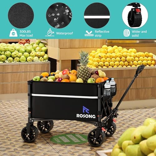 ROSONG Collapsible Wagon Cart with Wheels Foldable - Folding Utility Heavy Duty Wagons Carts for Grocery Sports Garden Shopping Camping Wheelbarrows (Black with Cover, 120L) - Image 3