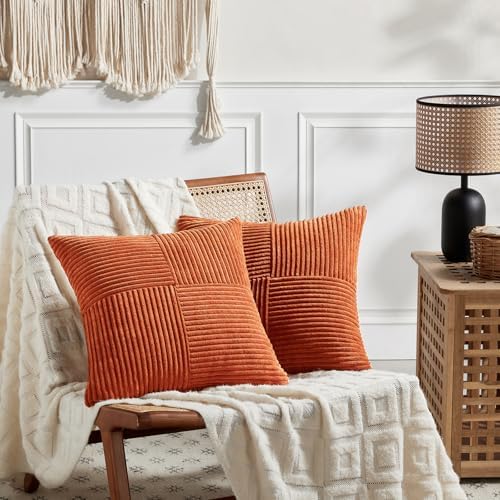 Fancy Homi Set of 2 Burnt Orange Samll Decorative Throw Pillow Covers 14x14 Inch for Living Room Couch Bed, Boho Farmhouse Fall Home Decor, Soft Corss Corduroy Patchwork Textured Cushion Case 35x35cm - Image 6
