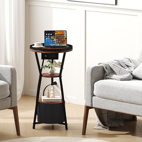 Yusong Round Side Table with Charging Station, Small Drink Table for Small Spaces, 3-Tier Industrial End Table, Accent Nightstand Bedside Table for Living Room, Bedroom, Sofa Couch, Rustic Brown - Image 3
