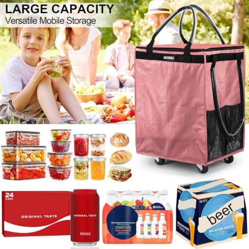 (Medium,Pink) Reusable Grocery Bag on Wheels, 70L Foldable Rolling Tote,Extra Storage for Shopping, Zipper Clouser Shopping Carts for Groceries,Trips, Laundry, Moving,4 Heavy Duty Wheels - Image 4