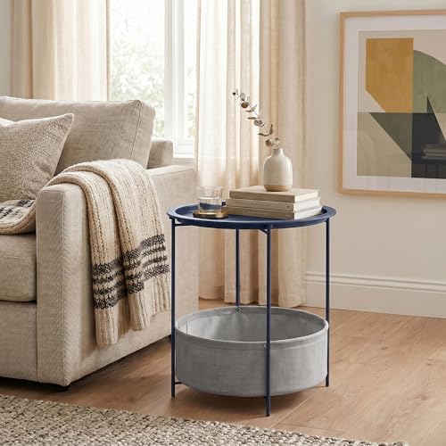 VECELO Round Side/End Table with Fabric Storage Basket，Metal Anti-Rust and Waterproof Small Bedside Nightstand with Removable Tray Top for Living Room，Balcony & Laundry，Blue /2pcs with Basket - Image 2