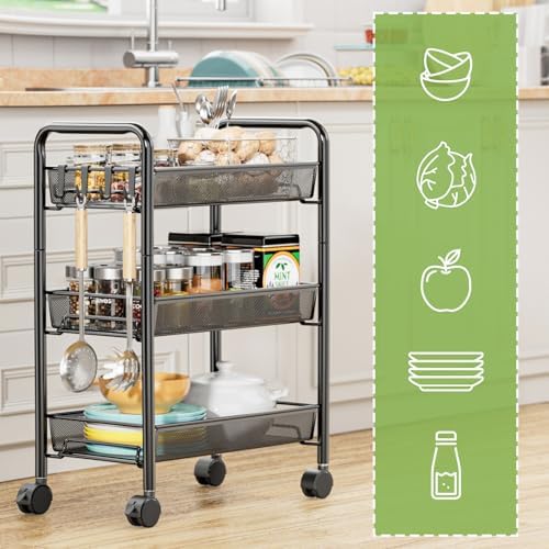 JANE EYRE 3-Tier Rolling Utility Storage Rack Cart on Wheels, Trolley Craft cart, Multi-Purpose Organizer Shelf, Black - Image 2