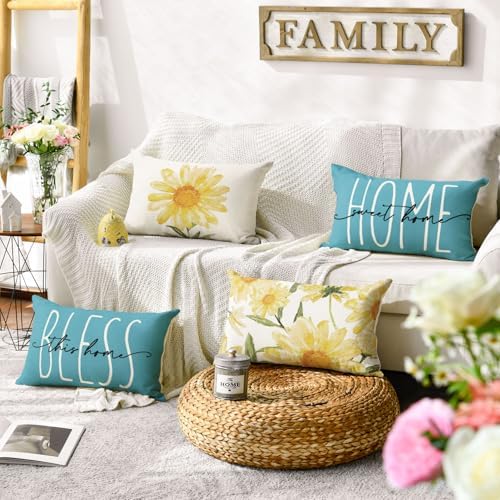 AVOIN colorlife Home Sweet Home Spring Summer Flowers Yellow Throw Pillow Covers, 12 x 20 Inch Blue Cushion Case for Sofa Couch Set of 4 - Image 2