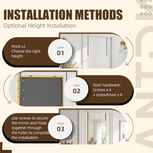 Antok Over The Door Mirror Full Length, 58'' x 21''Wall Mounted Hanging Mirror, Aluminum Alloy Frame, Shatterproof Glass, No Drill Installation for Bedroom, Closet, Bathroom, Dorm, Rect Corner,Gold - Image 6